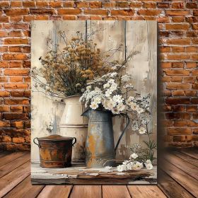 1 Piece Framed Wooden Canvas Painting, Rustic Wood Frame Canvas Art - Cream Yellow Wood Grain With White Jasmine Flowers With Rust Colored Wateri (Option: 32X24inch)
