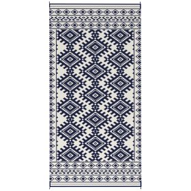 Reversible Outdoor Rug, Waterproof Plastic Straw With Carry Bag, 9 X 18, Blue & White Rhombus Border (Color: Blue)