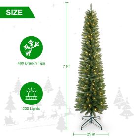 Prelit Pencil Christmas Tree, 5ft 6ft 7ft Premium Artificial Slim Christmas Tree, Realistic Lighted Spruce Holiday Decor With Warm White Lights,B (Option: 7ft)