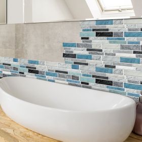 12 PCS Marbled Effect Waterproof Oil-Proof Peel And Stick Tile Stickers Blue Green For Kitchen Bathroom Laundry Room Wall Decor (PCS: 12XY-HTP-04)