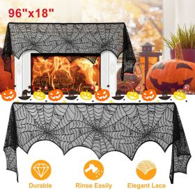 Halloween Fireplace Mantle Scarf - 96x18 Inch Black Lace Scarf with Spider Web, Bat & Spider Design, Lightweight Durable - Ideal for Haunted Hous (amount: 2pcs)
