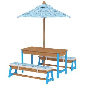 Kids Picnic Table Set With Foldable Umbrella, Removable Cushions & Boxes, Dinosaur Theme, Blue (Color: Blue)